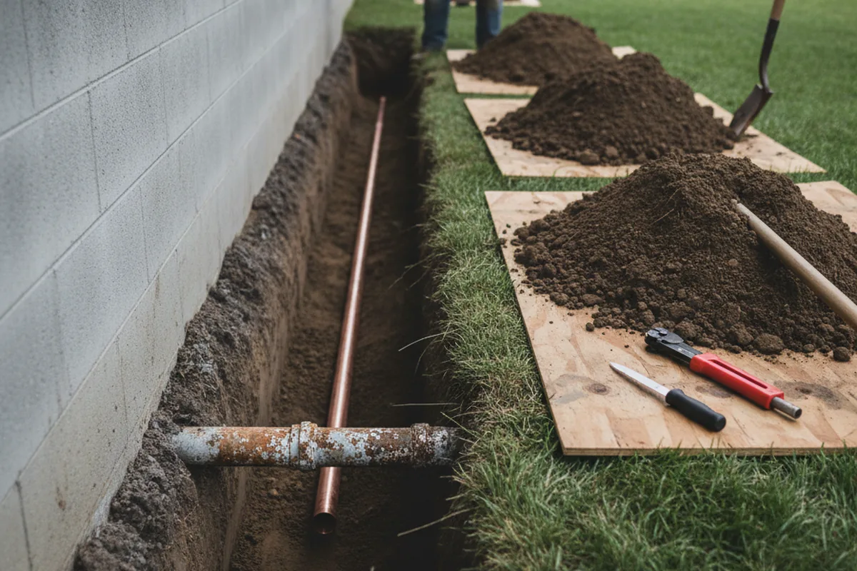 Excavated water line trench during Sewer Line Repair in Pittsburg